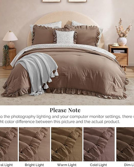 King Comforter Set - 7 Pieces Ruffle Amber Brown Bedding Sets, Shabby Chic Farmhouse Bed in a Bag with Ruffle Comforter, Floral Sheets, Pillowcases & Shams