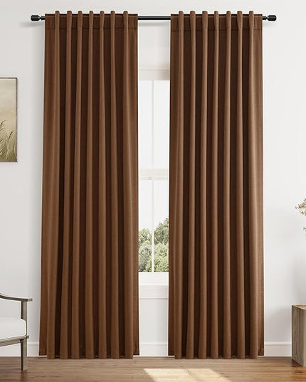 Guken 100% Blackout Linen Curtains 84 Inch Length 2 Panels Set for Living Room Bedroom Back Tab Thermal Insulated Black Out Linen Drapes Room Darkening Window Curtains 84 Inches Long,Caramel Brown