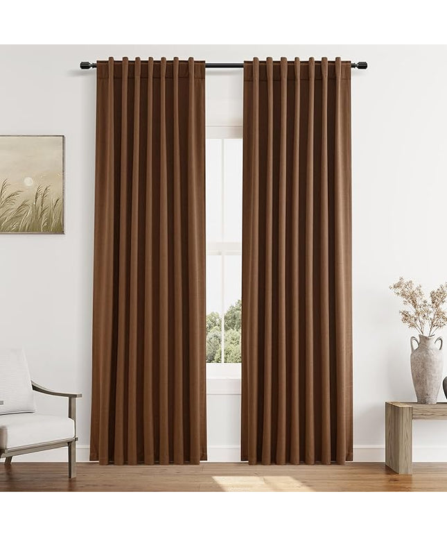 Guken 100% Blackout Linen Curtains 84 Inch Length 2 Panels Set for Living Room Bedroom Back Tab Thermal Insulated Black Out Linen Drapes Room Darkening Window Curtains 84 Inches Long,Caramel Brown