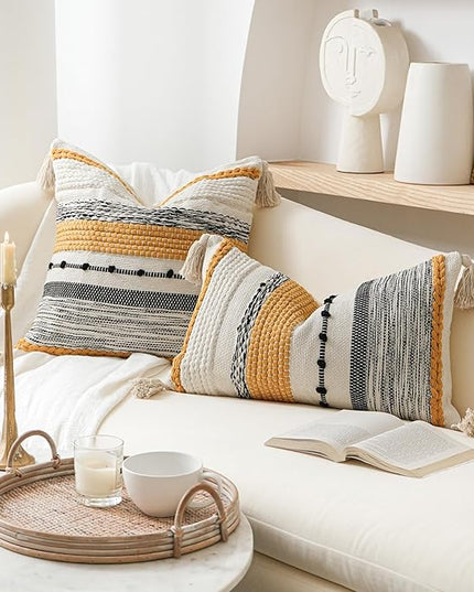 BlissBlush Yellow Mustard Decorative Throw Pillow Cover 20x20 Square Boho Accent Pillowcase Tassels Farmhouse Cushion for Couch Sofa Bedroom Living Room Home Décor Cover ONLY
