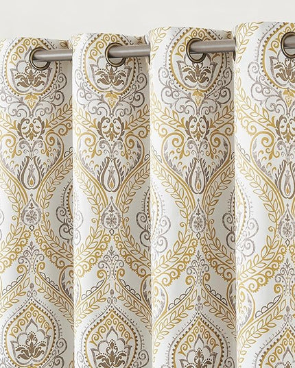 jinchan Blackout Curtains 96 Inches Long Yellow Damask Medallion Window Curtains for Bedroom Grommet Thermal Insulated Drapes for Living Room Vintage Luxury Window Treatments Set 2 Panels