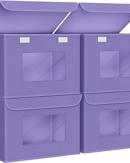 Univivi Storage Bins with Lids [4-Pack] Fabric Lidded Storage Baskets Stackable Closet Storage Bins, Closet Organizers and Storage with Lid & Clear Window for Home, Office, Bedroom (Purple)