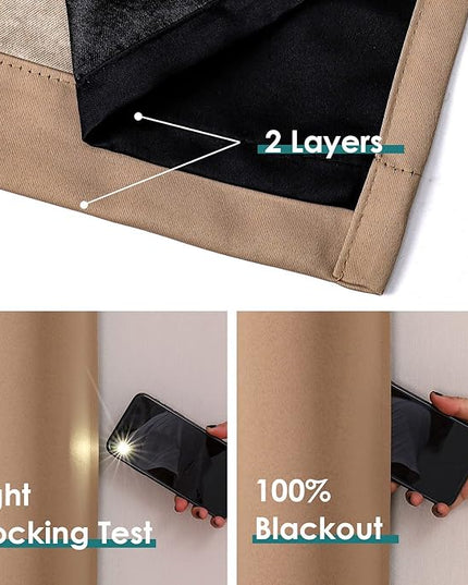 ChrisDowa 100% Blackout Curtains 72 inch Long for Bedroom with Black Liner, 2 Thick Layers Total Blackout Thermal Insulated Grommet Window Curtains 2 Panels Set (Cappuccino, 42 x 72 Inch)