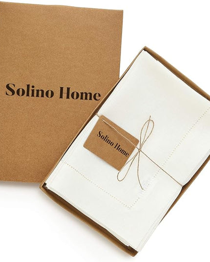 Solino Home Ivory Linen Napkins Set of 6-100% Pure Linen Hemstitch Dinner Napkins 20 x 20 Inch for Christmas, Holiday, New Year - Classic Hemstitch
