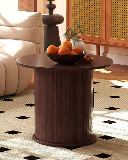 COSVALVE Round Wood Coffee Table 23.6IN with Hidden Storage & Sliding Door, Circle Farmhouse Side Table Sets for Living Room, Bedroom, Balcony, Small Spaces, Walnut