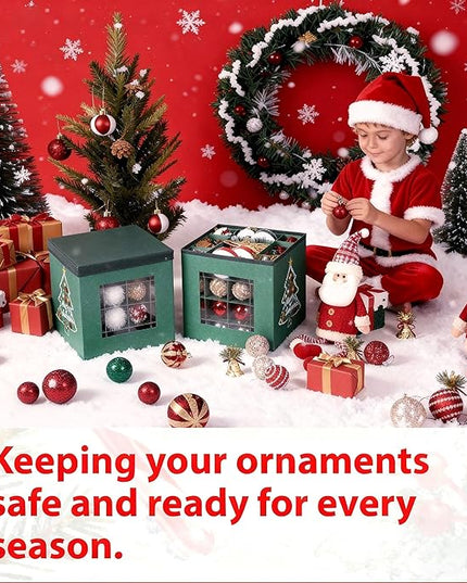 Christmas Ornament Storage Box with Lid - Holds 64 Ornaments, Large Sturdy & Foldable Organizer Case for Holiday Decor 11.8x11.8x11.8 Inch