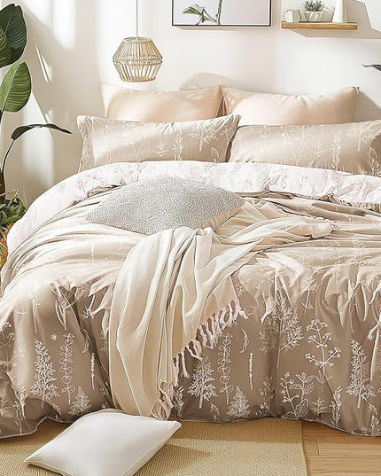 Love's cabin Light Taupe Comforter Set Queen - Queen Size Comforter Set, 3 Pieces Cute Floral Bedding Sets for All Seasons,1 Soft Reversible Botanical Flowers Comforter and 2 Pillow Shams