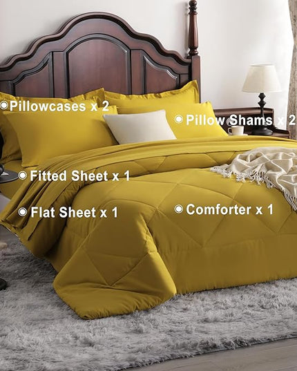 NTBAY King Comforter Set with Sheets, 7 Pieces Soft and Breathable King Bedding Set, Bed in a Bag, Down Alternative Comforter Set Solid Color All Season, King Bedding Set, Yellow