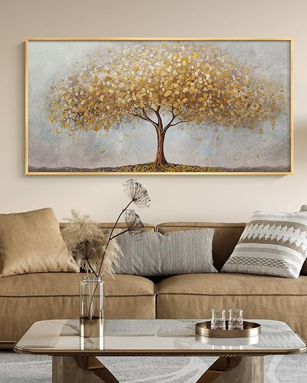 Large Framed Tree of Life Gold Wall Art, Modern Canvas Prints Paintings Artwork for Walls, Luxury Golden Big Tree Pictures for Bedroom Dining Room Fireplace Office Living Room Wall Decor