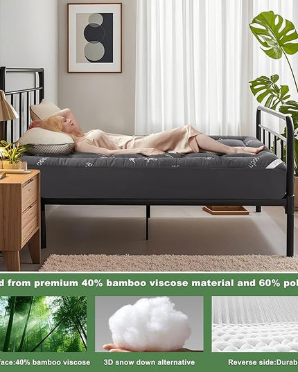 BEDLORE Twin XL Mattress Topper Viscose Derived from Bamboo, Thick Pillow Top Mattress Pad with Deep Pockets for 6-15 inches Mattress, Soft Mattress Topper College Dorm Size for Back Pain(Dark Gray)