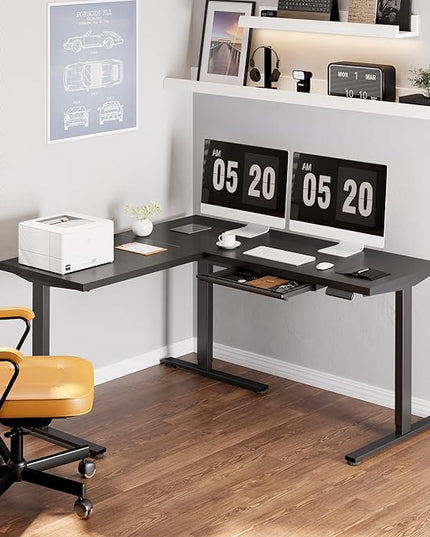 FLEXISPOT L Shaped Standing Desk, 63 x 55 Inch Electric Height Adjustable Corner Desk, Sit Stand Computer Workstation, Preset Controller, Home Office, Black Frame with Black Top, Black Drawer