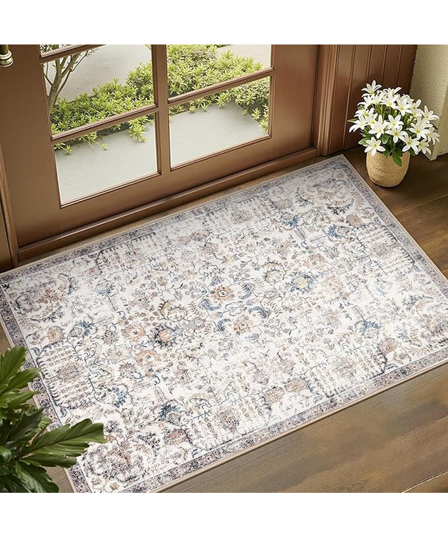 jinchan Kalen Area Rug 2x3 Washable Entryway Rug Vintage Doormat Indoor Entrance Lightweight Thin Retro Distressed Door Mat Floral Print Country Boho Non Slip Carpet for Bathroom Kitchen Bedroom Blue