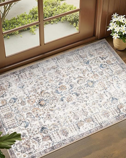 jinchan Kalen Runner Rug 2x5 Washable Hallway Rug Vintage Runner Indoor Floor Cover Thin Retro Distressed Floral Country Non Slip Carpet for Entryway Bathroom Kitchen Bedroom Living Room Blue