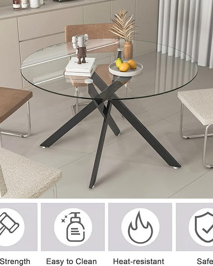 47.24" Round Glass Dining Table Modern Kitchen Glass Top Table for 6 with Black Metal Legs, Clear Dining Table Kitchen Table for Home Office Dining Room