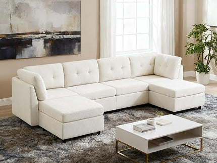 VANOMi 4 Seater Modular Sectional Sofa with 2 Ottomans, 118" Cloud Sofas & Couches, Comfy Chenille Sectional Couches for Living Room, Apartment, Office, White, U Shaped