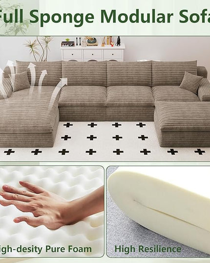 136" Cloud Couch Modular Sectional Sofa for Living Room, U-Shape Boneless Couch with Deep Seat, Modern Corduroy 4-Seater with Ottoman, No Assembly Required (Camel,Left-Facing Chaise)