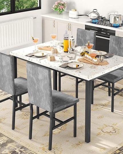 AWQM Dining Table Set for 4, Modern Marble Dining Table Set with 4 Upholstered Velvet Chairs,Dining Room Table Set for Kitchen, Breakfast Nook, Dining Room, Grey