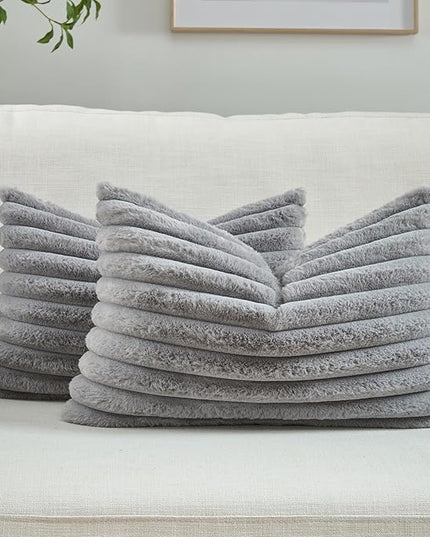 FUTEI Grey Throw Pillow Covers Set of 2, 12x20 Inch Striped Texture Lumbar Pillow Cases with Soft Faux Rabbit Fur Front & Velvet Back, Modern Decorative Couch Pillows for Living Room