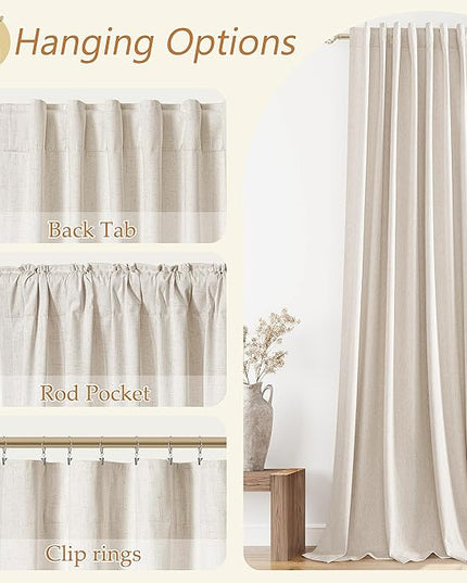 Guken Beige Cream Linen Blackout Curtains 108 Inch Length 2 Panels Set for Living Room Bedroom Back Tab Thermal Insulated 100% Black Out Linen Drapes Room Darkening Window Curtains 108 Inches Long