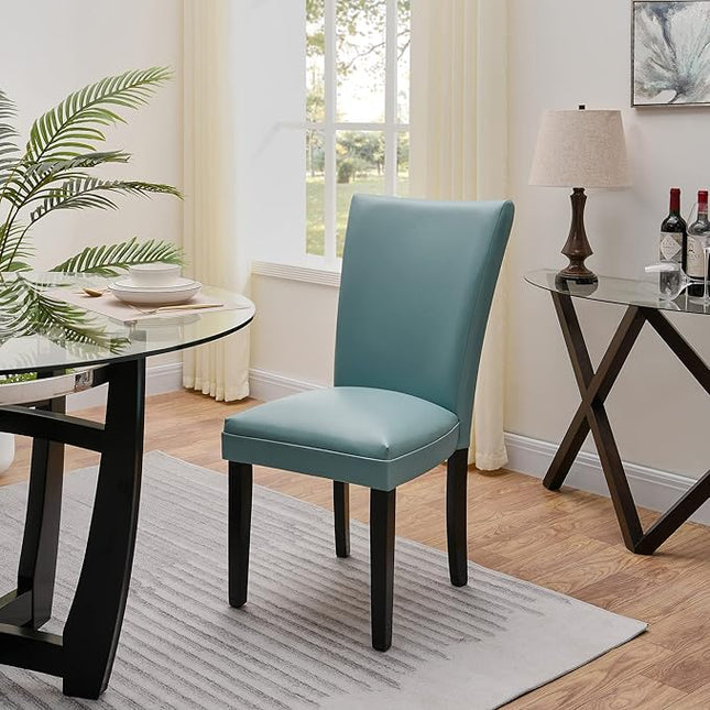 PADMA HOUSE Round Glass Dining Table Set for 2, 45in Modern Kitchen Small Wood Dinner Table with 2 Parsons Leather Dining Chairs 3 Piece Dining Room Table Chair Set, Clear&Light Blue