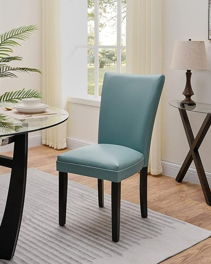 PADMA HOUSE Round Glass Dining Table Set for 6, 45in Modern Kitchen Small Wood Dinner Table with 6 Parsons Leather Dining Chairs 7 Piece Dining Room Table Chair Set, Clear&Light Blue