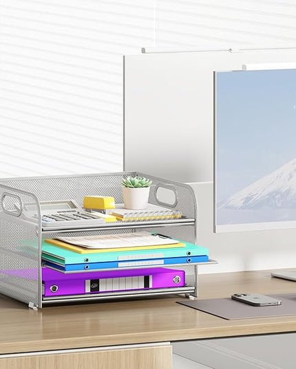 3 Tier Paper Organizer with Handle, Metal Desk Organizer Mesh Paper Letter Tray Desktop File Folder Document Sorter for Classroom, School, Office Accessories Organization and Storage - Silver