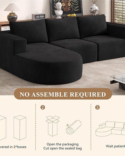 104”Sectional Couches for Living Room, Modular l Shaped Cloud Couch,Boneless Comfy Modern Sofa with Chaise, Deep Seat Convertible Sleeper Sofa Bed,No Assembly Required(Black-Corduroy Fabric) 1pcs
