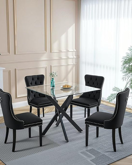 5 Piece Square Glass Dining Table Set for 4, Modern Dining Room Table and Chairs Set, Tempered Glass Top Kitchen Table with 4 Velvet Chairs, Space Saving Dining Set for Small Apartment or Home