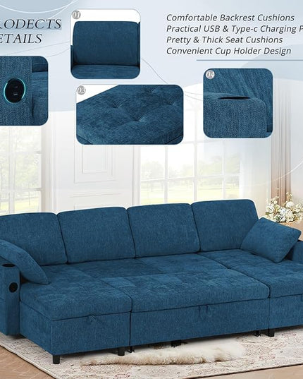 110" Sectional Pull Out Sofa Bed with Adjustable Backrests, U-Shaped Sleeper Sofa with USB Ports, Upholstered Reversible Couch with Cup Holder & Storage Space for Living Room, House, Blue