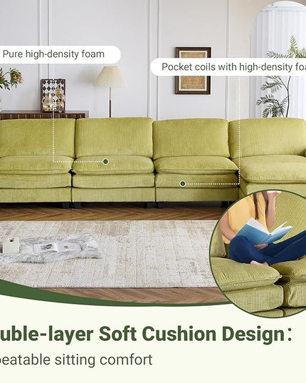 VINGLI 156" Cloud Corduroy Sectional Sofa, Comfy L-Shaped Extra Deep Seat Sofa Couch for Living Room,Modern 4-Seat Convertible Loveseat Sofa with Ottoman for Small Space(Olive Green)
