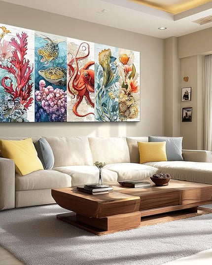 XIGUANGART Bathroom Framed Canvas Wall Art Undersea Abstract Pictures Octopus Coral Reef Vibrant Colorful Marine Animals Painting Large Wall Decor for Living Room Bedroom Nautical Home Decorations