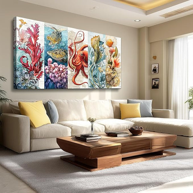 XIGUANGART Bathroom Framed Canvas Wall Art Undersea Abstract Pictures Octopus Coral Reef Vibrant Colorful Marine Animals Painting Large Wall Decor for Living Room Bedroom Nautical Home Decorations