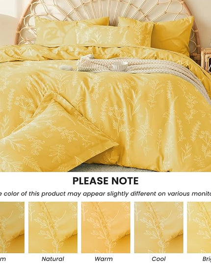 MUXHOMO Bright Yellow Bed in a Bag Queen 7 Pieces, Queen Comforter Set Reversible Botanical Flowers Design, Ultra Soft & Breathable Bedding Sets with Comforter, Sheets, Pillowcases & Shams