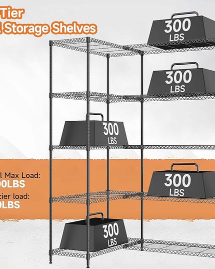 5 Tiers Storage Shelves Load 1500LBS, Metal Shelving Wire Metal Shelving Unit Shelves for Storage Adjustable Garage Shelving for Pantry Kitchen Garage Black 15.8" D x 33.5" W x 70.5" H