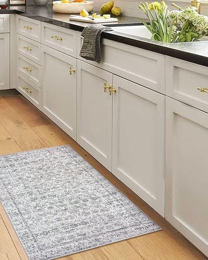 2x3 Washable Rugs Grey Blue White Small Area Rug for Entryway, Soft Non-Slip Indoor Door Mat Distressed Floral Low-Pile Neutral Vintage Carpet for Dorm Entrance Bedside Farmhouse