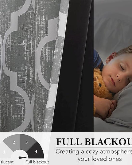 Beauoop 100% Blackout Curtains 54 Inches Long 2 Panels for Bedroom Living Room Grey Moroccan Geo Room Darkening Thermal Insulated Soundproof Grommet Top Window Treatments Drapes, 50x54 Set of 2