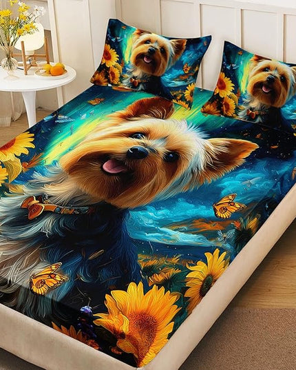 AILONEN Cute Puppy Sheet Set Twin XL Size for Kids Girls Boys,Kawaii Dog with Sunflower Bedding Set,Bohemian Butterflies Starry Night Bed Sheets,Super Soft Microfiber,1 Fitted Sheet and 2 Pillowcases