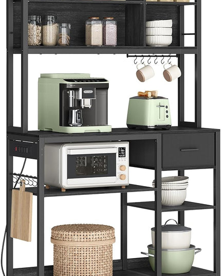 VASAGLE Bakers Rack with Charging Station, Coffee Bar, 15.7 x 39.4 x 71 Inches, Kitchen Microwave Stand, Adjustable Storage Shelves, Fabric Drawer, 12 Hooks, Charcoal Gray and Ink Black UKKS027B01