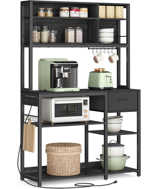 VASAGLE Bakers Rack with Charging Station, Coffee Bar, 15.7 x 39.4 x 71 Inches, Kitchen Microwave Stand, Adjustable Storage Shelves, Fabric Drawer, 12 Hooks, Charcoal Gray and Ink Black UKKS027B01