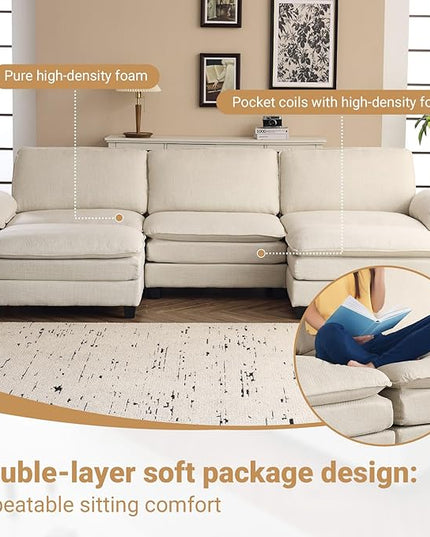 VINGLI 121" Cloud Couch, Comfy Modular Sectional Sofa Set for Living Room,Modern Linen 3-Seat Convertible Loveseat Sofa with 2 Ottoman for Small Space.（Beige）