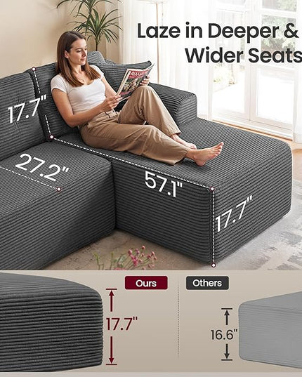 VASAGLE 108.3 Inches Boneless Couch with Chaise, Modular Sectional Sofa, Modern Cloud Couch with Deep Seat, L-Shape Corduroy Sofa for Living Room, Right-Facing Chaise, Bedroom, Slate Gray ULCS182GN01