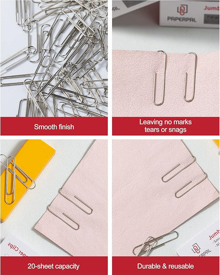 PAPERPAL Paperclips for Office School & Personal Use, Jumbo Smooth Paper Clip (2"), 1000 Large Paper Clips (10 Boxes of 100 Each), Silver