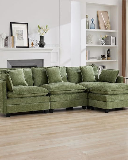 111'' Sectional Cloud Deep Seat Couch, Modern Comfy Chenille L Shaped Sectional Sofa for Living Room Set, Upholstered Modular 3-Seats Sofa Couch with 1 Movable Ottoman, Green