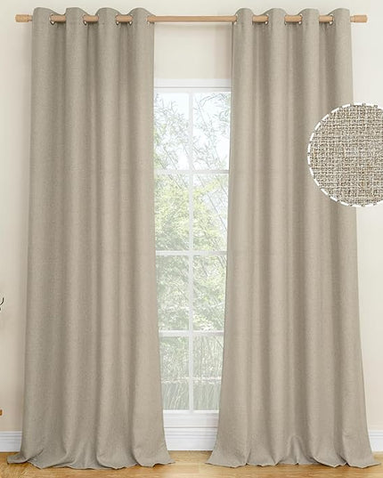 LAMIT Taupe Linen Curtains for Bedroom, 90 inches Grommet Thermal Insulated Thick Burlap Farmhouse Curtains Noise Reducing Window Treatment Drapes for Living Room, Set of 2 Panels, W52 x L90