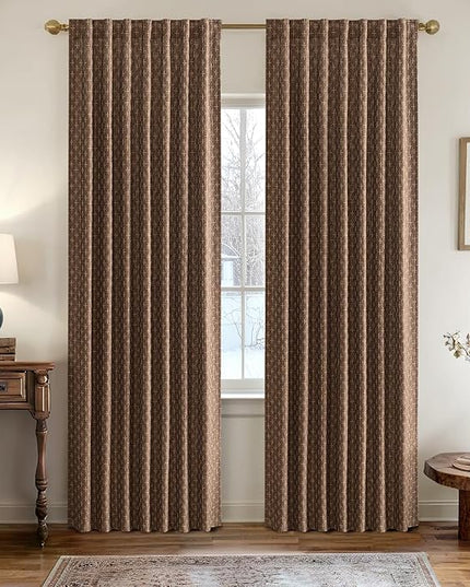 MIULEE Decorative Back Tab Linen Curtains with Geometric Pattern for Living Room Bedroom Farmhouse Rustic Thick Woven Textured Patterned Mudcloth Drapes 72 Inches Long 2 Panels Set, Dark Coffee