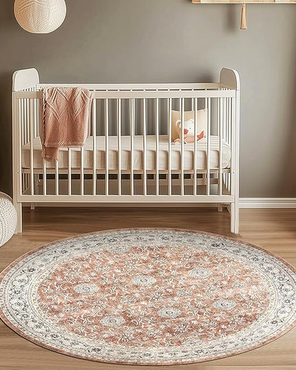jinchan Round Rug 4ft Washable Circle Soft Rug - Low Pile Vintage 4'Round Indoor Orange Floral Print Stain Resistant Boho Carpet Ultra-Thin Non-Slip for Entryway Nursery Bedroom Dining Room Kitchen