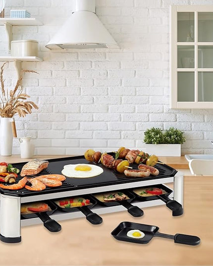 TAMARIT 8-Person Raclette Grill, Electric Party Grill with Nonstick Plate, 8 Pans and Spatulas, 1500 W (Indoor), Stainless Steel