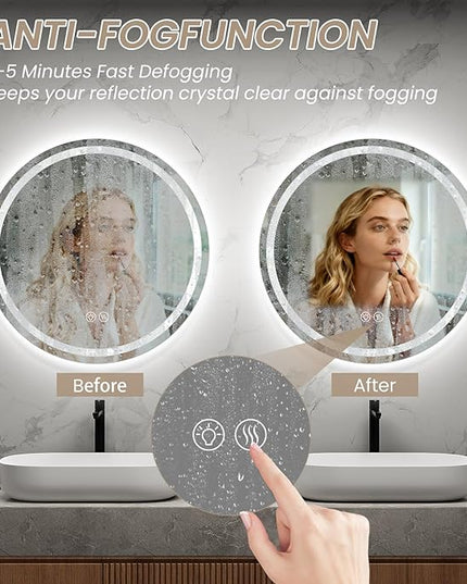 LED Bathroom Mirror 24 Inch Round Bathroom Mirror with Lights, Circle Wall Mirror with 3 Colors Brightness, Anti-Fog for Bathroom Vanity, Entryway Living Room