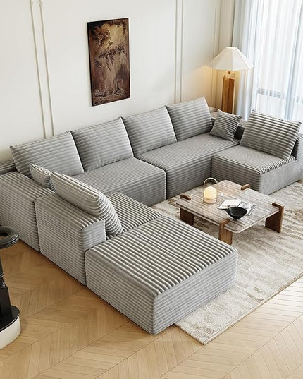 139.4" Modular Sectional Sofa, Oversized U-Shaped Minimalist Couches with 2 Middle Seats and 1 Ottoman Chaise, Modern Deep Seat Convertible Sleeper Sofa, Cloud Plush Corduroy Fabric,7 Seater, Grey