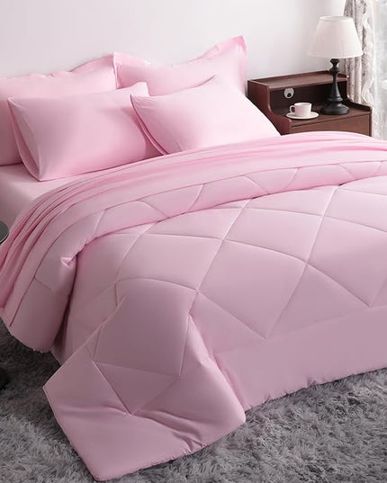 NTBAY King Comforter Set with Sheets, 7 Pieces Soft and Breathable King Bedding Set, Bed in a Bag, Down Alternative Comforter Set Solid Color All Season, King Bedding Set, Pink